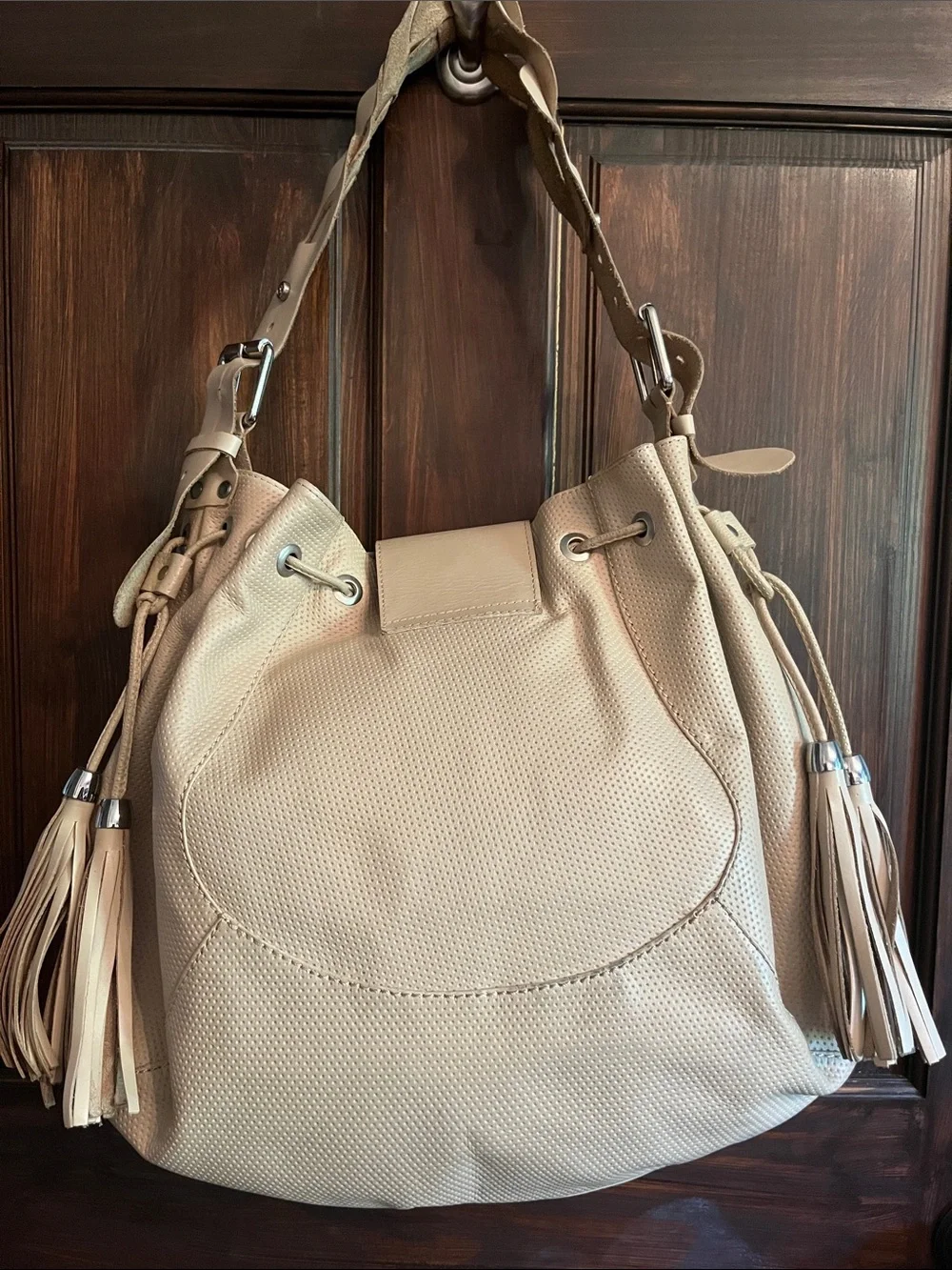 Carmen Steffens Leather Tassel Beige Hobo Purse